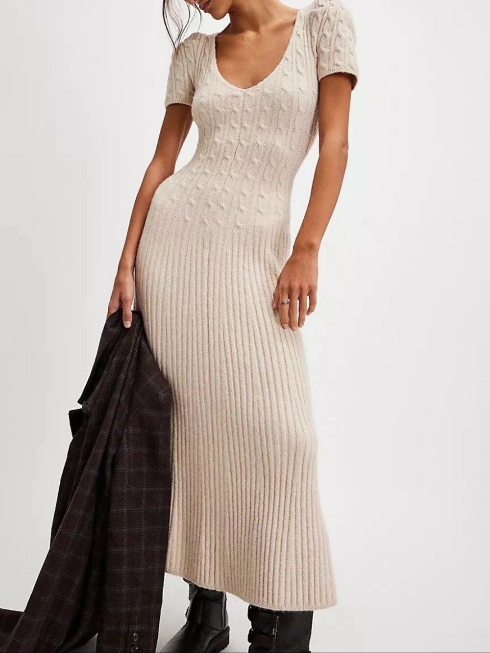 Free People Puff Sleeve Madison Midi Knit Sweater Dress In Oatmilk Small